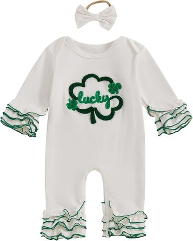 Baby Girl St Patricks Day Clothes Lucky Embroidery Long Sleeve Romper One Piece Jumpsuit Bodysuit Headband Outfit in Saudi Arabia