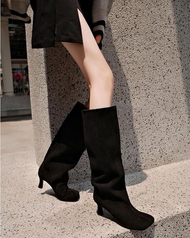 Camel Suede Knee High Boots for Women Square Toe Kitten Heel Fall Stylish Boots Wide-Calf Pull On Dress Long Boot in Saudi Arabia