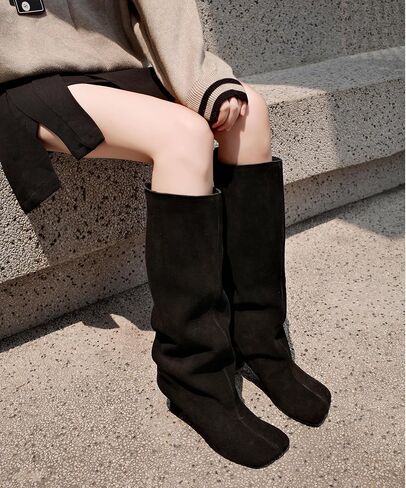 Camel Suede Knee High Boots for Women Square Toe Kitten Heel Fall Stylish Boots Wide-Calf Pull On Dress Long Boot in Saudi Arabia