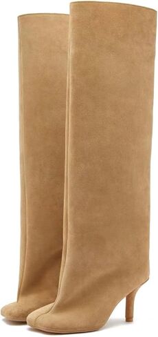 Camel Suede Knee High Boots for Women Square Toe Kitten Heel Fall Stylish Boots Wide-Calf Pull On Dress Long Boot in Saudi Arabia