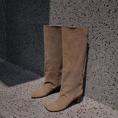 Camel Suede Knee High Boots for Women Square Toe Kitten Heel Fall Stylish Boots Wide-Calf Pull On Dress Long Boot in Saudi Arabia