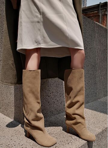 Camel Suede Knee High Boots for Women Square Toe Kitten Heel Fall Stylish Boots Wide-Calf Pull On Dress Long Boot in Saudi Arabia
