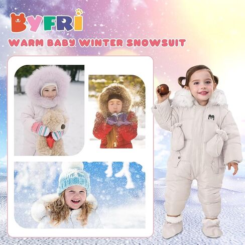BYFRI Baby Boys Girls Snowsuit with Gloves Toddler Winter Hooded Footie Infant Warm Jumpsuit Outerwer Thick Newborn Coat in Saudi Arabia