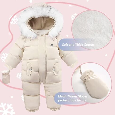 BYFRI Baby Boys Girls Snowsuit with Gloves Toddler Winter Hooded Footie Infant Warm Jumpsuit Outerwer Thick Newborn Coat in Saudi Arabia