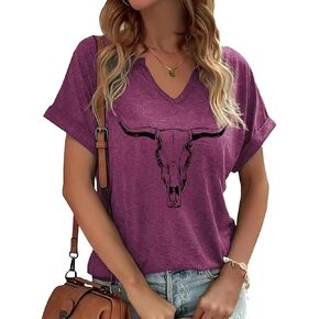 Summer Sexy V-Neck Vintage Western Rodeo Cowboy Steer Skull Shirt for Women Casual Boho Cowgirl Boots Graphic Tees