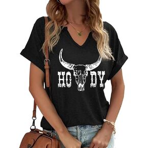 Summer Sexy V-Neck Vintage Western Rodeo Cowboy Steer Skull Shirt for Women Casual Boho Cowgirl Boots Graphic Tees