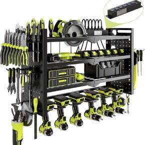 Power Tool Organizer Wall Mount with Charging Station 4 Layer 6 Slot Cordless Drill Holder with Angle Grinder Holder (Red)