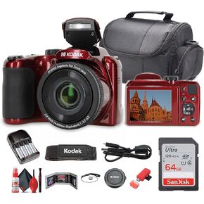 Kodak Pixpro AZ255 Digital Camera (AZ255RD) Bundle Including: 64 GB Memory Card, Rechargeable Batteries, Case, Neck Strap, Lens Caps, Full Cleaning Kit, Card Reader, Card Wallet, USB Cable, Cap Keeper