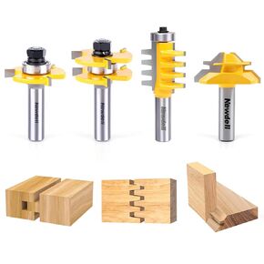 Newdeli 45 Degree Lock Miter Router Bit & T Shape Tongue and Groove Router Bit & Finger Joint Router Bit 1/2 Inch Shank Woodworking Milling Cutter Tool 4-Piece Set