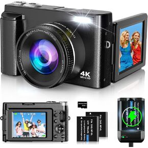 4K Digital Camera for Photography and Video, Autofocus 48MP Vlogging Camera for YouTube with 3'' 180°Flip Screen 16X Zoom Compact Travel Cameras with SD Card, 2 Batteries, Anti-Shake, Flash (Black)