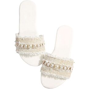 SweatyRocks Women's Fringe Trim Pearls Beaded Flat Sandals Open Toe Single Band Dressy Slide Shoes