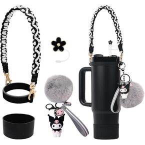 Stanley Cup Accessories Set, Cartoon Cute Kawaii Pom Pom Design Water Bottle Handle Strap, Silicone Stanley Cup Boot, Stanley Charms for Stanley Cup 30/40oz Tumble (Pink 1)