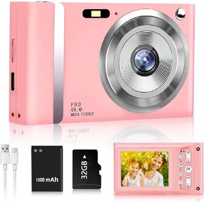 48MP Kids Pink Digital Camera, 1080P FHD Point and Shoot Camera with 16X Zoom, Anti-Shake, 2.4" LCD, Compact Small Camera for Girls & Boys - Includes 32GB Card, Lanyard (Vintage Design)