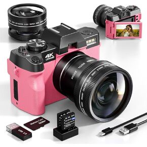 Digital Camera,4K&48MP Cameras for Photography with WiFi & App Control, Vlogging&Video Camera,Compact Camera,Perfect for Entry-Level Users and Beginners with Macro&Wide Lens-32GB Card（Pink）