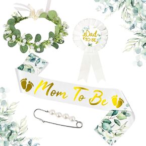 4Pcs/Set Baby Shower Decoration Baby Shower Sash Sage Green Baby Party Mom to Be Sash Daddy to Be Badge Pin Eucalyptus Leaves Floral Crown Kit with Pearl Brooch Pin for Maternity Gift Favour