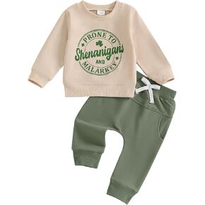 Baby Boy St. Patrick's Day Outfit Letter Crewneck Sweatshirt Matching Drawstring Pants Two-Piece Holiday Clothes Set
