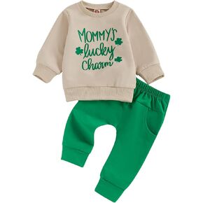 Toddler Baby Boy St Patricks Day Outfit Letter Clover Print Long Sleeve Sweatshirt Sweatpants Set Spring Clothes