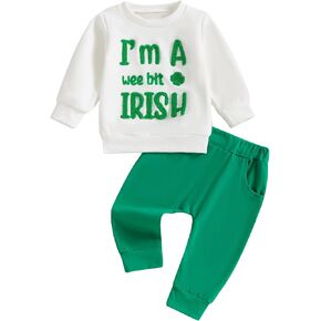 Chloefairy Toddler Baby Boy St Patricks Day Outfit Irish Clothes Shamrock Clover Embroidery Sweatshirt and Green Pants Set