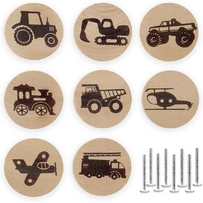8Pack Wood Nursery Small Cabinet Drawer Knobs Digger Vehicle Style Handles Nature Wooden Round Knob Baby Boy Kids Unique Door Cabinet Furniture Dresser Knobs