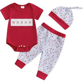 0-18M Baby Boys 2Psc Outfits Baseball Short Sleeve Romper Elastic Waist Long Pants Hat Infant Boys Clothes Set