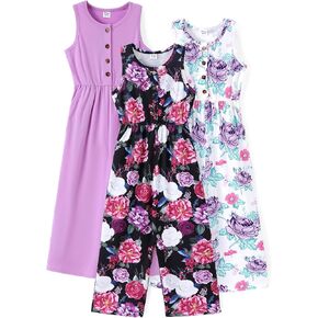 PATPAT 3 Pack Girls Jumpsuits Solid Color Floral Print Button Down Sleeveless Jumpsuits Long Romper Pants with Pockets 5-12Y