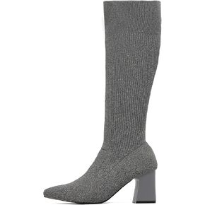 Women's Chunky Heel Boots, Knit Comfort High Boots, Minimalist Style, Rubber Sole
