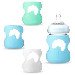 3 Pack Silicone Sleeve for Dr. Brown Natural Glass Baby Bottles, Anti-Shatter Baby Bottle Holder, Compatible with Dr. Brown Wide-Neck Glass Baby Bottles 5 oz, Dishwasher Safe(White+Purple+Pink)