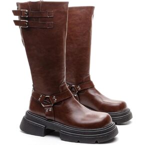 Knee High Buckle Boots Wide Calf Comfortable Tall Riding Biker Flat Fashion Chunky Casual