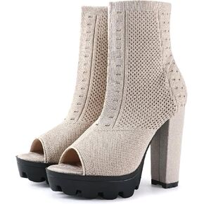 Women's Open Toe Ankle Boots, Chunky Block Heel, Nylon Mesh Upper, Slip-On Sock Booties