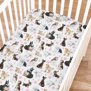 Cute Dogs Fitted Baby Crib Sheets for Girl Boy 52"x28" Funny Dogs Paws Pink Soft Breathable Crib Mattress Covers Dogs Lovers Gift Nursery Baby Sheet for Standard Crib and Toddler Mattress Pads