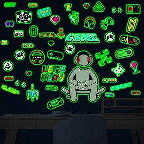 54 Pcs Gamer Boy Wall Stickers Glow in The Dark Wall Decals 3D Controller Video Game Room Decor for Boys Kids Girls Bedroom Playroom Nursery Gift