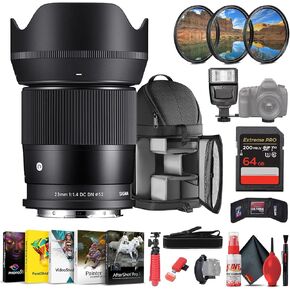 Sigma 23mm f/1.4 DC DN Contemporary Lens (Canon RF) 348972 Bundle Includes: Backpack, Flash, Memory Card, Card Wallet, Filter Kit, 12 Inch Tripod, Card Reader, Cleaning Kit, Blower Brush, + More