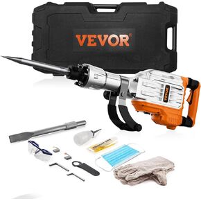 VEVOR 3500W Electric Demolition Hammer, 1900 BPM Durable Jack Hammer, Concrete Breaker with 2 Chisels, Gloves, and a 360° Rotatable Handle for Efficient Trenching, Black