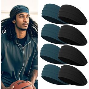 Wide Headbands for Men, Athletic Sweat Bands for Long Hair, Men's Sports Headbands, 8 Pieces