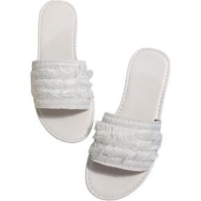 OYOANGLE Women's Tassel Leather Flat Sandals Open Toe Slip On Casual Slides Sandal