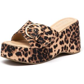 Lryweisy Women Suede Platform Sandals Adjustable Buckle Wedges Heels Leopard Slide Sandals