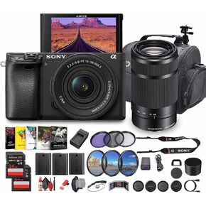 Sony Alpha a6100 Mirrorless Camera with 16-50mm OSS II Lens and 55-210mm Zoom Lenses (ILCE6100XB) + Photo Software + 2 x 64GB Memory Card + 2 x NP-FW50 + Camera Bag + Charger + More (Renewed)