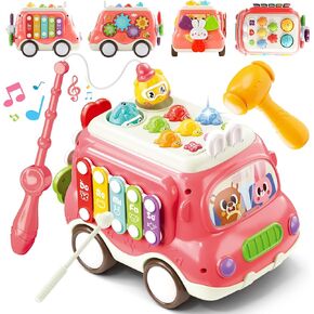 6-in-1 Musical Bus Toys for Toddlers, Montessori Car Toys with Xylophone Whack A Mole Fishing Game, Sensory Learning Activity Cube, Educational Boy Girl Baby Gifts 18M+, Blue