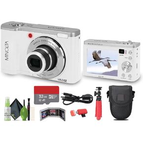 Minolta MNB5Z 56MP Dual Lens Point & Shoot Digital Camera with 5X Optical Zoom & 5K Ultra HD Video Bundle with 32GB Memory Card + Vlogger Tripod + Bag + 6Ave Cleaning Kit + More Accessories (White)