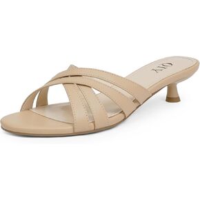 Kitten Heels for Women Strappy Low Heels Open Rounded Toe Mules Slip on Slide Sandals Comfort Dress Shoes