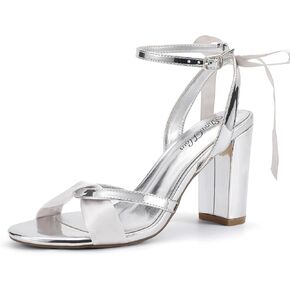 Mofri ShowHow Women's Silk Bow Tie Heels Ankle Strap Chunky Block Heel Dress Sandals Cross Strap Open Toe Wedding Bridal Heels