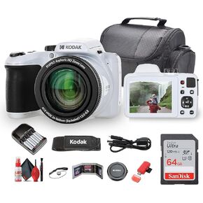 Kodak Pixpro AZ405 Digital Camera (AZ405WH) Bundle Including: 64 GB Memory Card, Rechargeable Batteries, Case, Neck Strap, Lens Caps, Full Cleaning Kit, Card Reader, Card Wallet, USB Cable, Cap Keeper