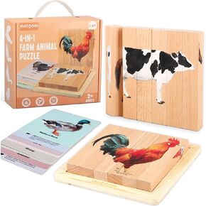 2 Pack Wooden Puzzles for Toddlers - 4 in 1 Farm Animal Chunky Puzzles Ages 2-4, Preschool Educational Montessori Toys Gifts for 2 3 4 Year Old Boys Girls