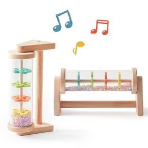 WOODEN TEETHER Wooden Soothing Rain Stick with Handle for 6-12 Months Babies Montessori Musical Baby Rattle Toys Calming Rainmaker for Early Sensory Development & Home Play