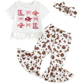 Western Baby Girl Clothes Bow Boots Short Sleeve Shirt Cow Print Flared Bell Bottom Pants 2Pcs Summer Cowgirl Outfit