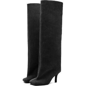 Knee High Boots Women Stiletto Heel Square Toe Suede Tall Boots Pull on High Heel Long Boots Wide Calf Fashion Casual Cute
