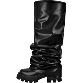 richealnini Metallic Knee High Boots Women Slouch Ruched Boots Platform Heel Stretch Pull On Foldover Mid Calf Boots Lug Sole Block Chunky Heel Punk Motorcrycle Combat Riding Boots Black Size 13