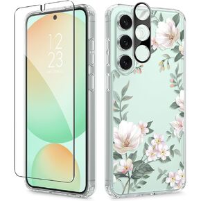 GVIEWIN Compatible with Samsung Galaxy S24 Case Floral, with Screen Protector & Camera Lens Protector, Hard PC&TPU Bumper Clear Shockproof Protective Women Phone Cover 6.2" (Cherry Blossoms/Purple)