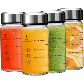 12oz Juice Bottles - 4 Pack Wide Mouth Glass Bottles with Lids- BPA Free, Stainless Steel Lids for Juicing, Smoothies, Infused Water, Beverage Storage - Leakproof, Borosilicate, Clear