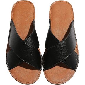 MGGMOKAY Women's Flat Sandals Fashion Slides With Soft Leather Slippers for Summer,Black,6